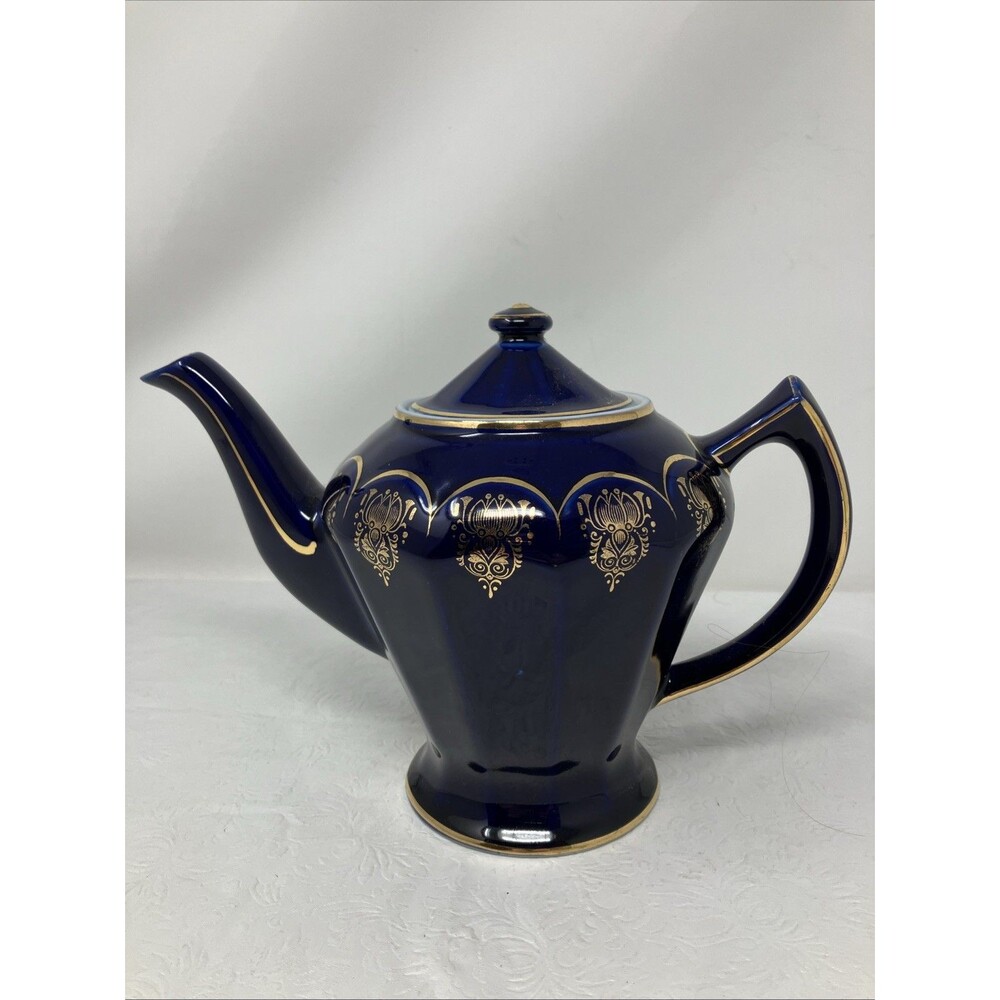 Hall USA Teapot Cobalt Blue & Gold 0223 Blue w Gold Trim 6 Cup Albany Model